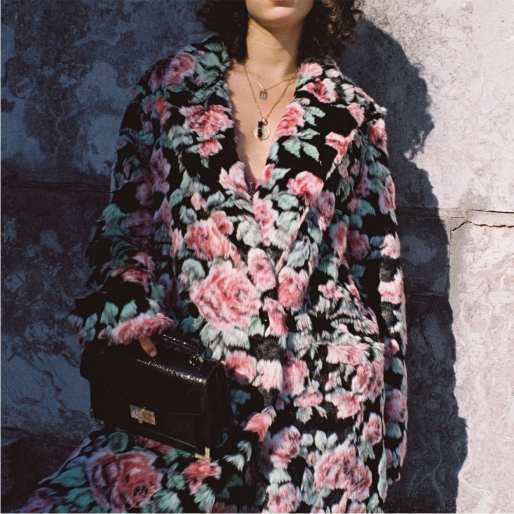 NWOT! The Kooples Neon Rose Floral-Print Faux-Fur Coat - Picture 5 of 13